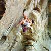 Tony Bubb on Ro Shambo, (11c) at Roadside Crag in Red River Gorge, KY. Picture by Sonia Salgado, Circa 1992. 