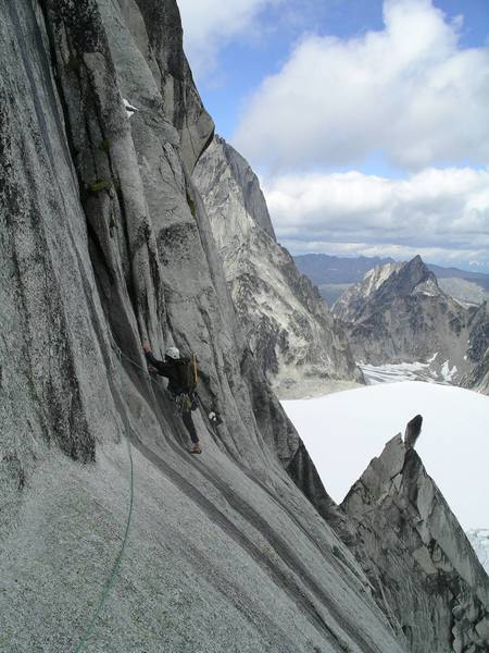Start of slab traverse and first piece of pro.