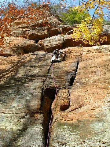 This is me leading the first pitch of a great route called Blue Biner at Lower Small Wall, RRG, KY<br>
photo (and belay) by Jeff Neal