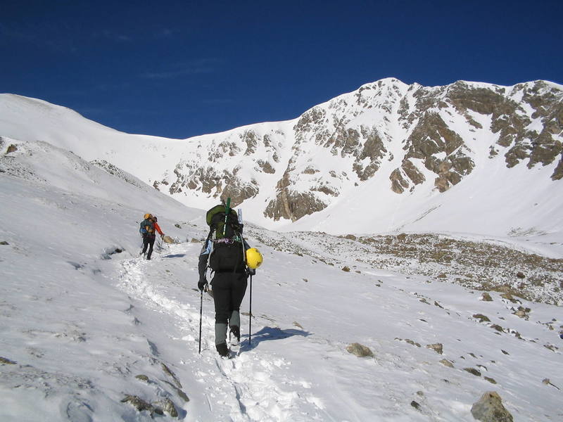 Ben Williams and Anne Cassady on their way to the Dead Dog Couloir.