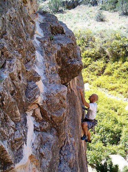 Approaching the last bolt on Jackson Five Ten (5.10a), Jacks Canyon