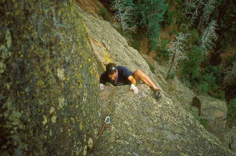 Peter Spindloe, a friend and frequent former partner- (now living back in Canada) follows the crux of the Northwest Passage on the 3rd Flatiron, (sandbag 5.10a) Photo by T. Bubb, Circa 2002.