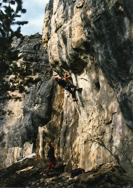 Me (with Nate Renner belaying) working through the bulge on Powers that Be. 