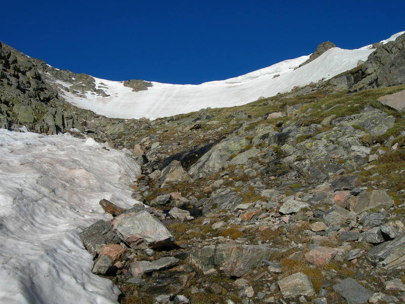 Looking up at the headwall from where the top of the couloir has melted out. A large part of the cornice is still visible on the right half.
