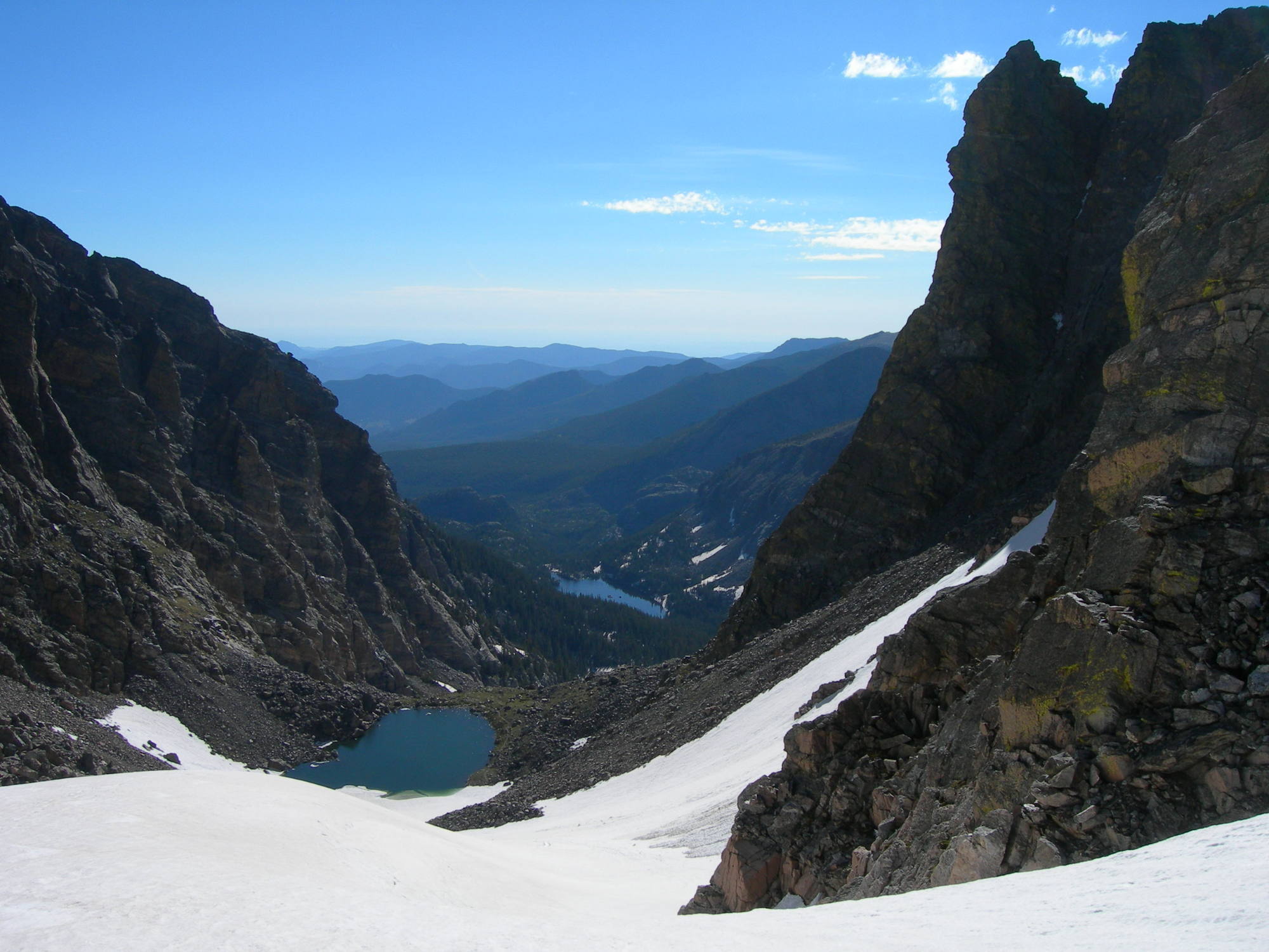 Looking down Andrews Glacier, with views of Andrews Tarn and The Loch.