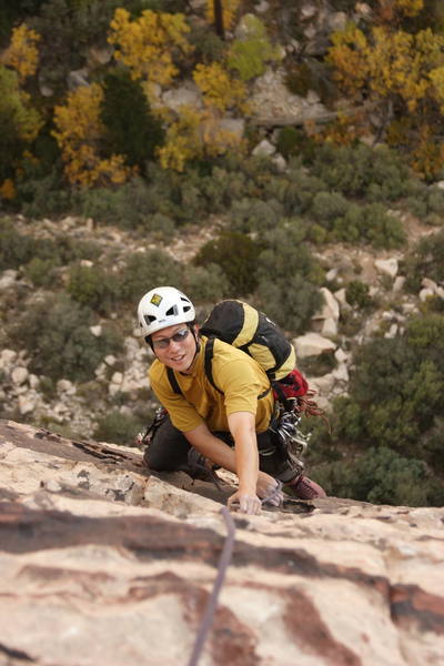 Obi follows up the second pitch of Y2K approaching the big belay ledge.