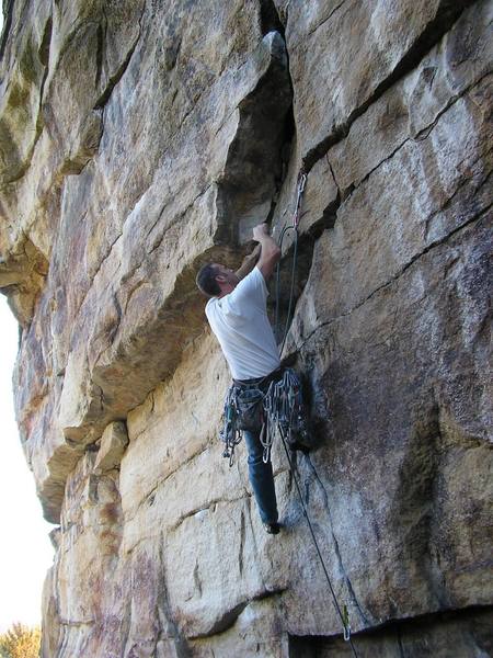 Dan Foster onsighting Persitent, .11d. Shawanagunk, Lost City, NY. First 5.11 in the Gunks.