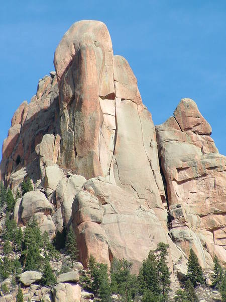 Close up view of Cynacle Pinnacle,<br>
Cathedral Spires Area, South Platte <br>
Oct. 25, 2005.