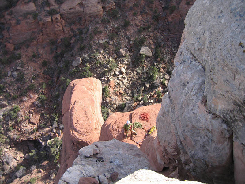 The second belay ledge from the summit.