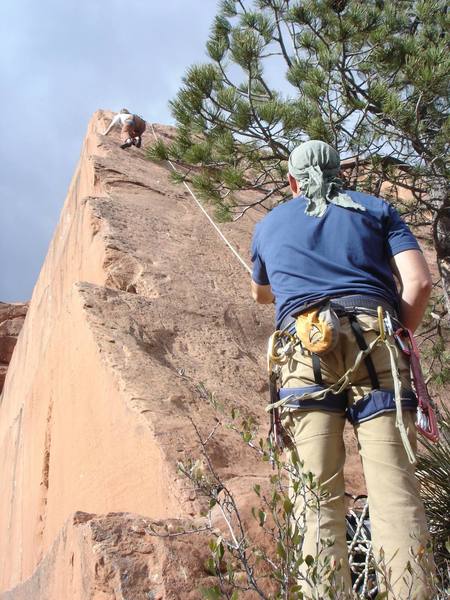 Fun climb along the arete. Compared to the 5.6s in the canyon, this seems closer to a 5.6--but it's still easy.