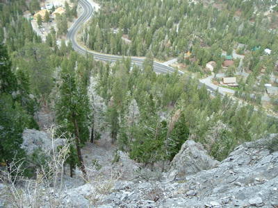 Looking down from the start of the route at the valley floor and approach trail.