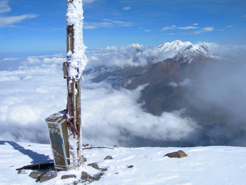 The base of the 30 foot iron cross on the summit of El Misti, southern Peru. Chachani is in the background.