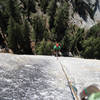 Ryan G. at 2nd belay of West Crack, Daff Dome, Tuolumne Meadows, 2006. Photo by Avery Nelson