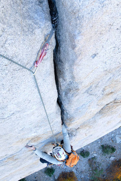 Mark Patterson nears the anchor atop Pitch 3. The pitch ends with fifty feet of offwidth-ish crack climbing (4-inches wide). Extra 3.5-4 inch gear allows this section to feel nice and cozy.