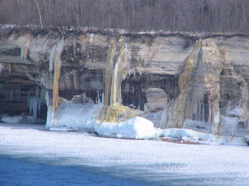 Snow Cone is behind the detached pillar of rock on the right side of the photo. Two more unnamed routes are to the right, which would probably go at WI 5 and WI 6 (left climb).