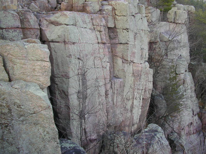 Part of the rampart. The Good, the bad, and the Jacked climbs the black streak behind skinny tree on the left. The second part of Cracker Jack can be seen in the middle. And Wild West Homo is the face on the Far right. This is looking at it from the top of Son of Great Chimney.
