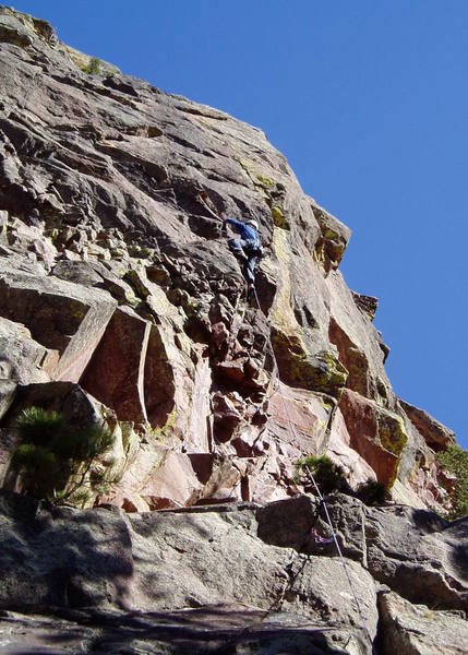 Making the moves up to the base of the crux groove.