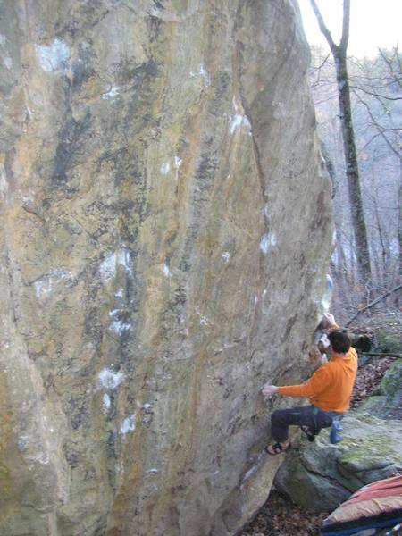 Mike Gasch about to start moving left into the crux area.