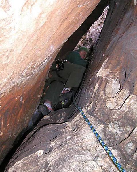 Lean Lady: where the route got its name.  A couple of pitches up, you squeeze through this tight and contorted slot.  It can be bypassed on the outside without undue stress.