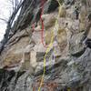 Thin Man follows the yellow line. Rocket Man diverges left, along the red line. The climber to the right is nearing the Peanut Man crux. 