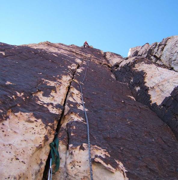 The clean crack on pitch 3 of the upper facet has magnificent climbing.
