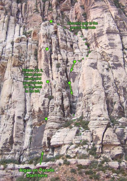 Overview of Algae on Parade, showing the easiest descent route.