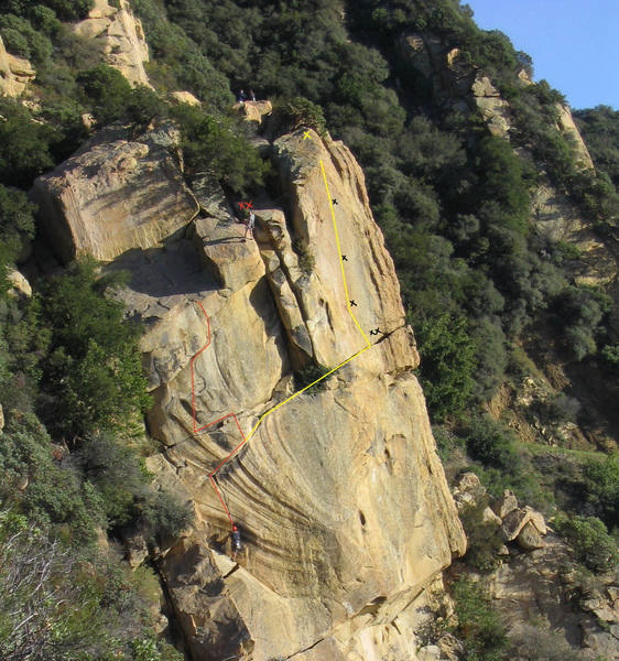 Approximate path and bolt locations of Self Reflection (Yellow Line). Note healthy scrub oak guarding the traverse. (Thanks for the use of the original pic EricT)