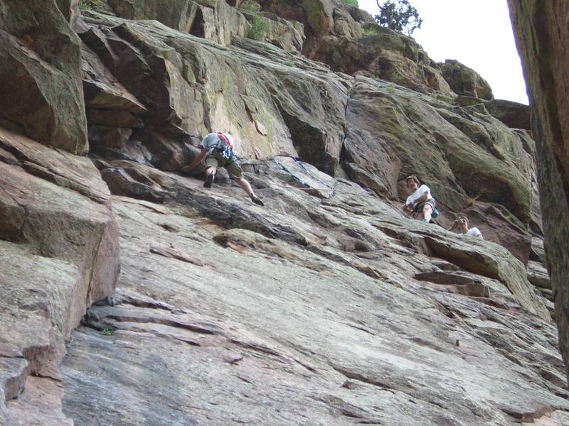 Shot of the first pitch after the flake fell off. My first time climbing the pitch. Fantastic line! Gene Francis on belay, Andy Kobelinski taking pictures on the belay ledge, myself climbing/cleaning the pitch. Photographer: MB Bissell-Francis
