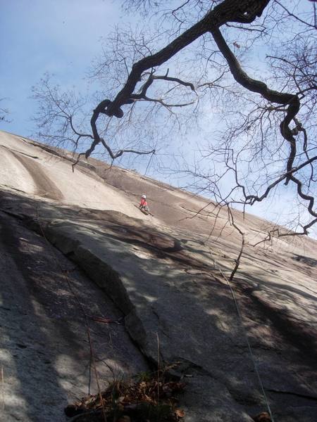 This is the best protected pitch of what the guidebook calls the <em> best protected climb at Stone Mtn</em>. The cheese grater swing potential on this pitch is a bit heady if you're not used to leading on granite. Double ropes *really* minimized rope drag.