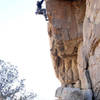 Kathy Boussina climbs an overhanging crack and face after exiting the namesake on "Super Roof."