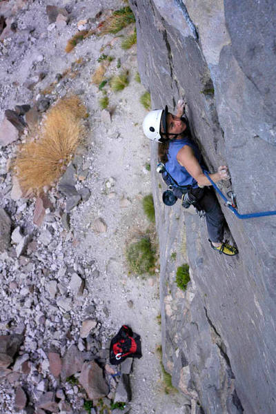 Kathy Boussina nears the lower crux of "Slip 'n Slide" at the Lower Elbow Room. In this case, we climbed the route as 2 separate pitches.
