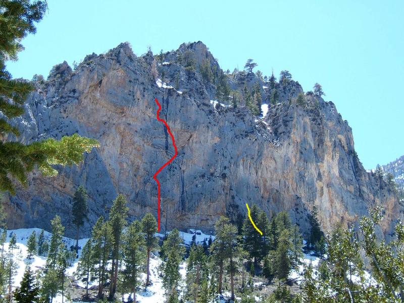 Left side of the Imagination Wall, Mt. Charleston. Red line is Learning to Fly 5.10d, yellow is unknown 5.8.