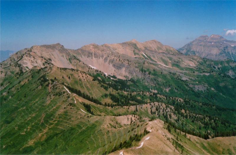 Backside of Cascade Mountain (Timpanogos in the background to the right) from the summit of a terraced peak above Rock Canyon.