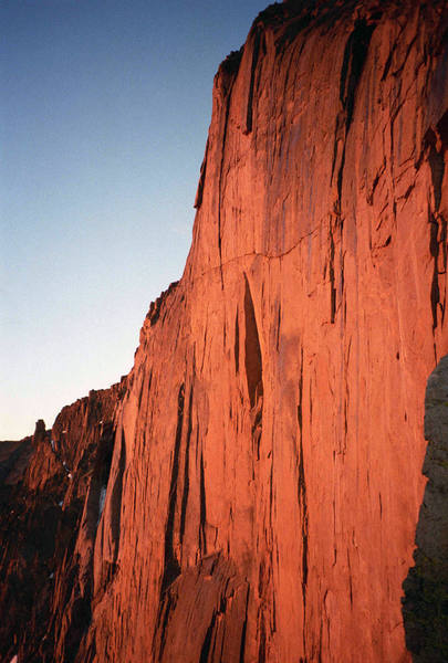 The Diamond, illuminated by 4am alpenglow, seen from the bivy at Chasm View. July, 1996.