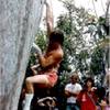 Ron Kauk at the '86 Mt. Woodson bouldering contest, here on Lie Detector (5.12a).  Photo from R. Barnes