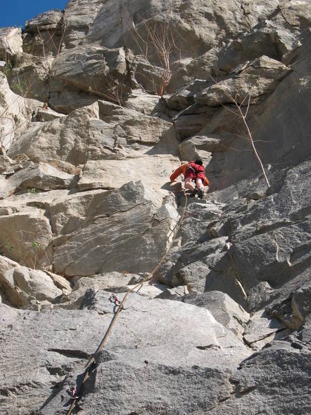 Almost to the anchors on Babyface (5.10c), Riverside Quarry