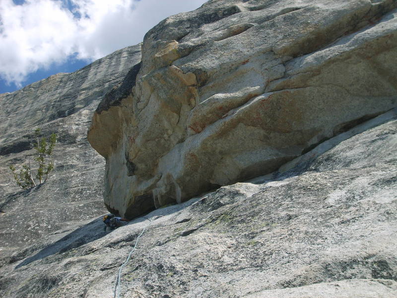 Me leading Northwest Books (5.6) in Tuolumne Meadows, Yosemite National Park (pic by Susan Holl)