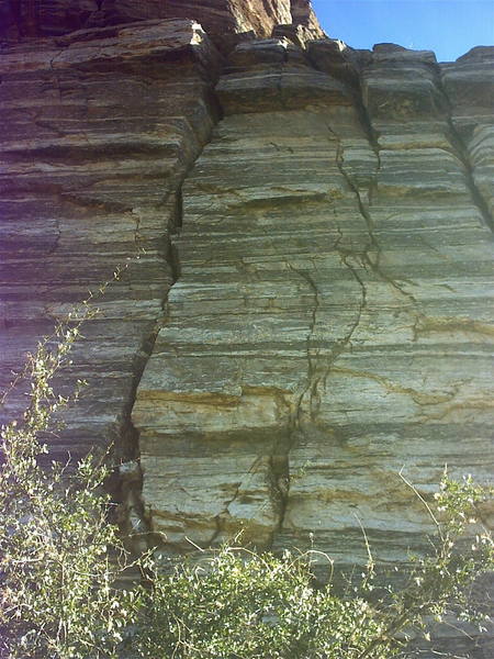 The Crescent, 5.6 crack, The one on the left that leans to the right. Chain anchors on sunlit wall directly above The Crescent.