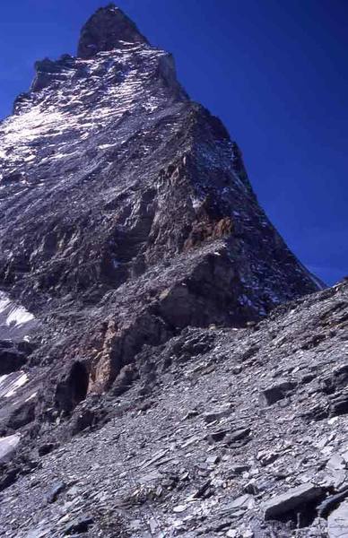 Looking up the Hornli Ridge. Mostly 4th class and easy 5th w/ a half pitch of 5.7. The route has an excessive amount of fixed lines.