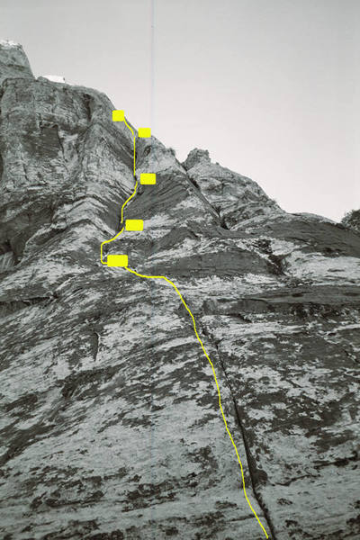 The first 3 pitches of "Bird Hunter Buttress," showing both the main belays and intermediate stations.