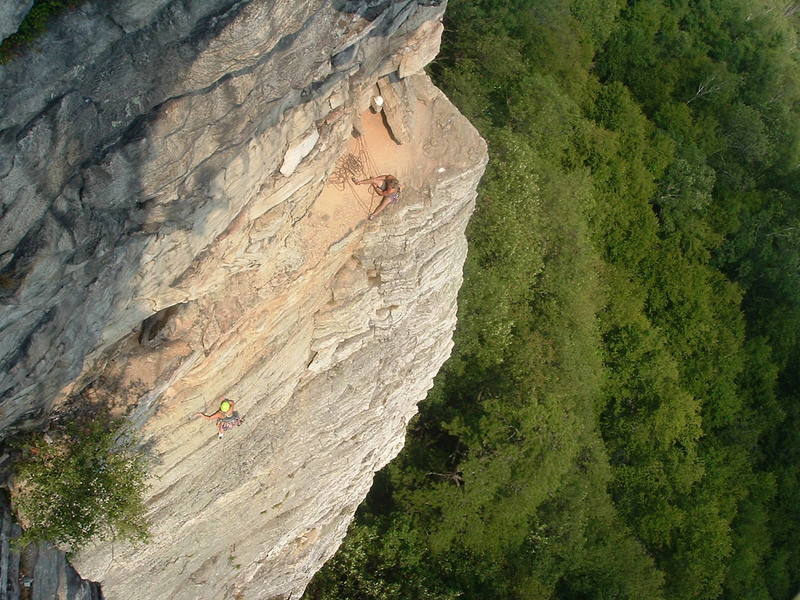 Looking Down on the GT Ledge. Climbers on High E. Photo taken from Modern Times.