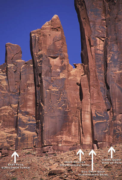 A hi-res picture of the Hummingbird Spire section of the Bridger Jacks. The starts of several routes are shown.