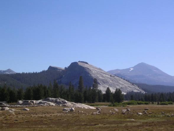 Lembert Dome, as seen from across the meadows. The dark, obviously steeper section of rock is where the technical climbing, such as Northwest Books, is located.