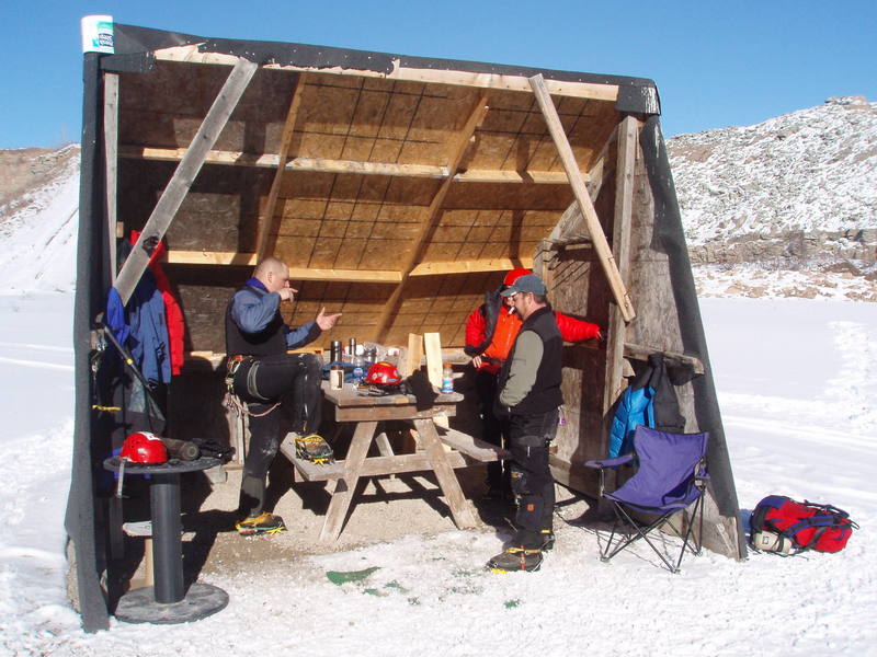 Ron Long, Dave Sprissler and Eric Relien, sharing stories at the Ice Pit.<br>
<br>
Photo: James Schroeder