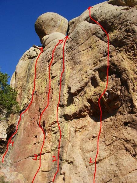 Shows Routes on east face of Lost Dome: Lost my religion (1), 500 Roses (2), Rap Bolters (3), and Slime of the Century (4).