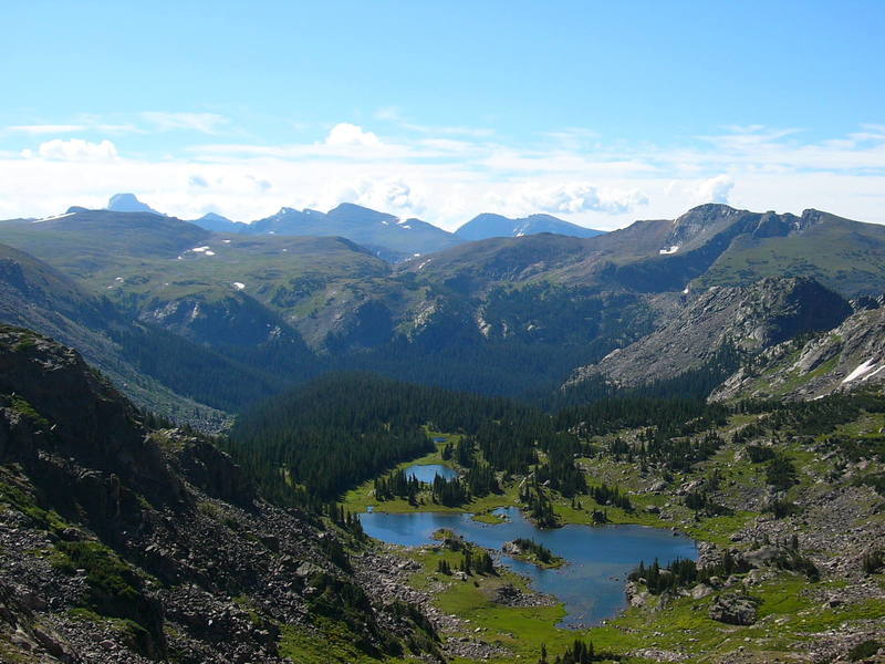 This photo was taken above Haynach Lake near Cheif Cheley Mountain. Longs can be seen to the left, followed by Pagoda Mountain to its right. Closer in and moving right of Pagoda is McHenrys, Powell, Taylor, Mount Alice, and Snowdrift Peak.