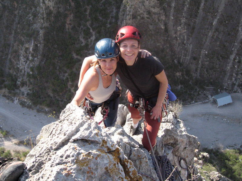 Marga and Christa enjoying a warm February day on the summit of Dope Ninja.