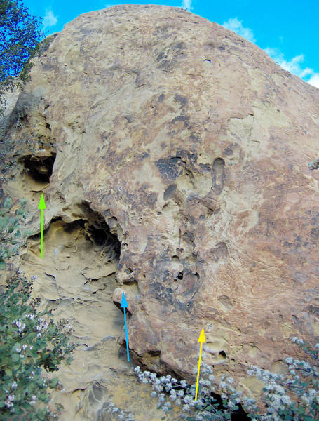 Green= Jensen's Jugs (5.10b), Blue= Movin' Out (5.11c), Yellow= Grib Dat Hole (5.11a). I apologize to the color blind out there. (Hint- left to right)