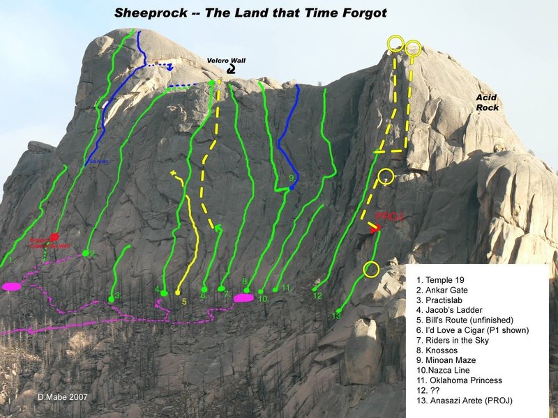 The routes of The Land that Time Forgot.
<br>
<br>
The belays and raps are not shown.
<br>
<br>
EDIT: routes 12 and 13 are complete.