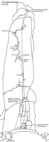 Topo for Zenyatta Entrada. Drawn based on the condition of the route in March 2006. Please contact me if you feel changes are needed and I can update the image. <br>
03-13-07 Bolts added at pendulum point and final bolt ladder below shoulder.